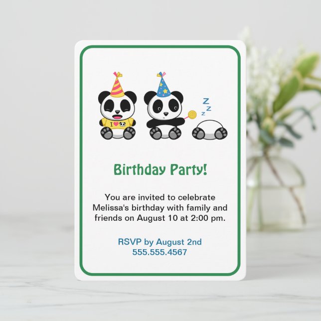 Invitation Fête d'anniversaire de pandas mignons (Debout devant)