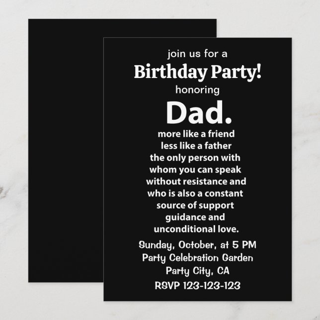 Invitation Fête d'anniversaire de Papa citation Noir et Blanc (Devant / Derrière)