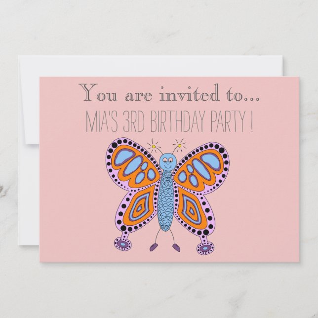 Invitation Fête d'anniversaire de papillon caricaturale pour  (Devant)