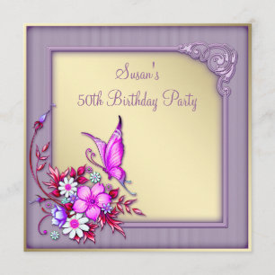 Invitation Fête d'anniversaire de papillon pourpre de l'or de