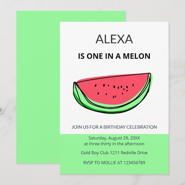 Invitation Fête d'anniversaire de pastèque pour un premier an (Devant / Derrière)