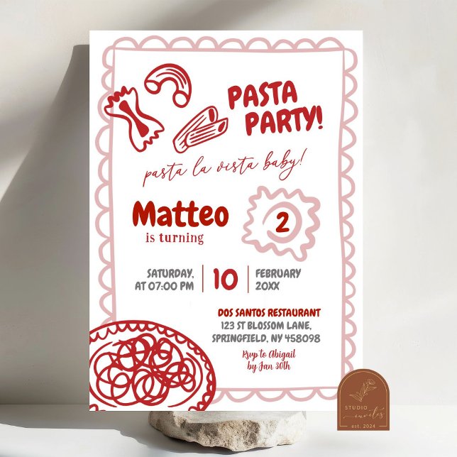 Invitation Fête d'anniversaire de pâte à pizza rouge dessinée (Créateur téléchargé)