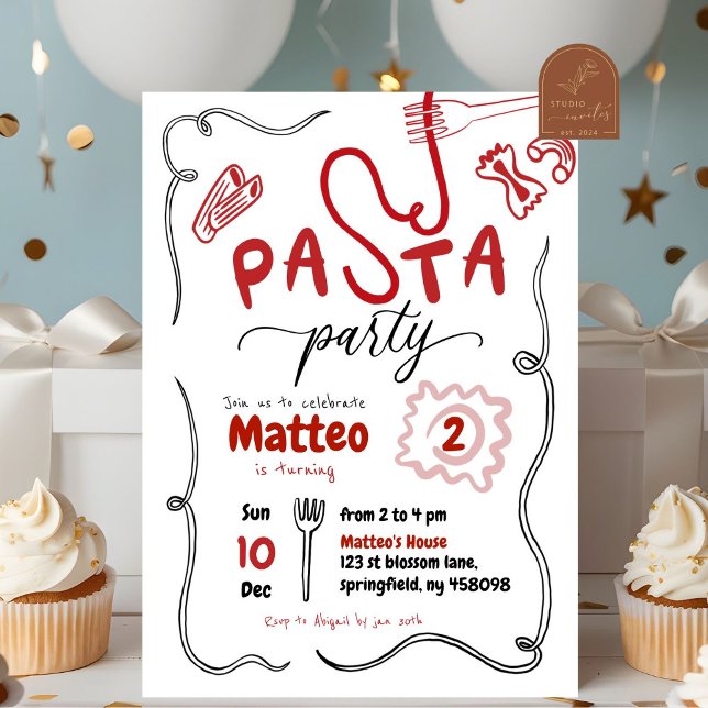 Invitation Fête d'anniversaire de pâtes rouges dessinées à la (Créateur téléchargé)