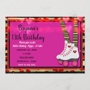 Invitation Fête d'anniversaire de patin à roulettes Cœurs de 