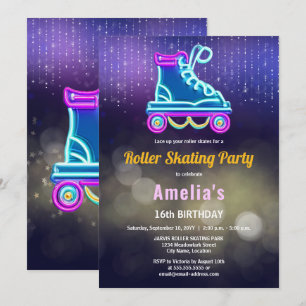 Invitation Fête d'anniversaire de patin à roulettes néon amus