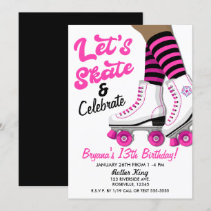 Invitation Fête d'anniversaire de patin à roulettes rose et n