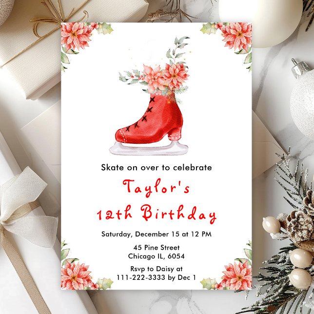 Invitation Fête d'anniversaire de patinage sur glace Rouge (Créateur téléchargé)