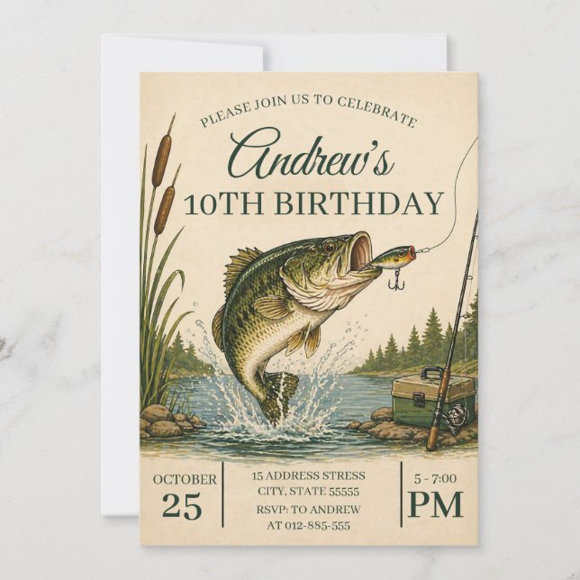 Invitation Fête d'anniversaire de pêche pour garçons personna (Devant)