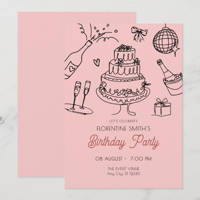 Invitation Fête d'anniversaire de pêche rose (Devant / Derrière)