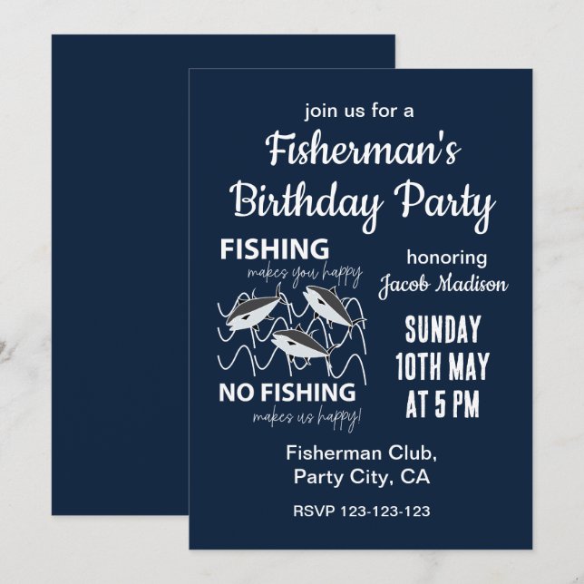 Invitation Fête d'anniversaire de pêcheur (Devant / Derrière)