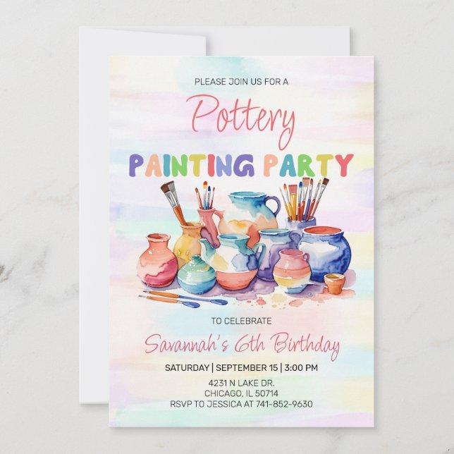 Invitation Fête d'anniversaire de peinture de poterie (Devant)