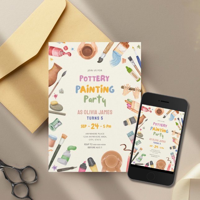 Invitation Fête d'anniversaire de peinture de poterie pour to (Créateur téléchargé)