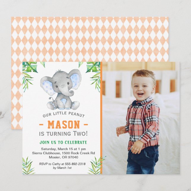 Invitation Fête d'anniversaire de petit garçon éléphant Littl (Devant / Derrière)