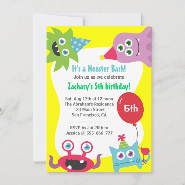 Invitation Fête d'anniversaire de petit monstre mignon pour l (Devant)