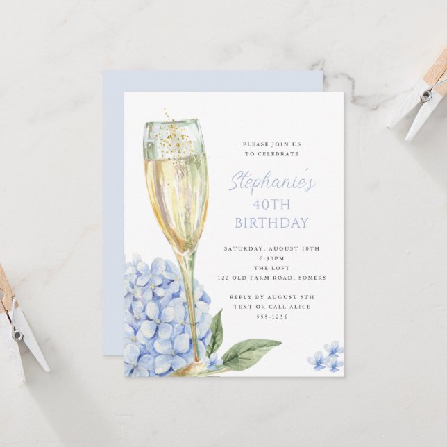 Invitation Fête d'anniversaire de Petite Blue Hydrangea Bloom (Devant/Arrière en situation)