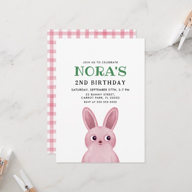 Invitation Fête d'anniversaire de petite fille avec lapin ros (Devant/Arrière en situation)