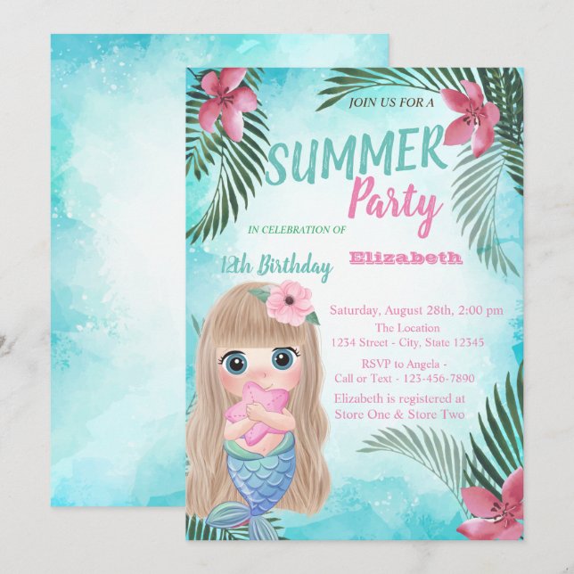 Invitation Fête d'anniversaire de petite sirène, fleurs, feui (Devant / Derrière)