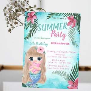 Invitation Fête d'anniversaire de petite sirène, fleurs, feui