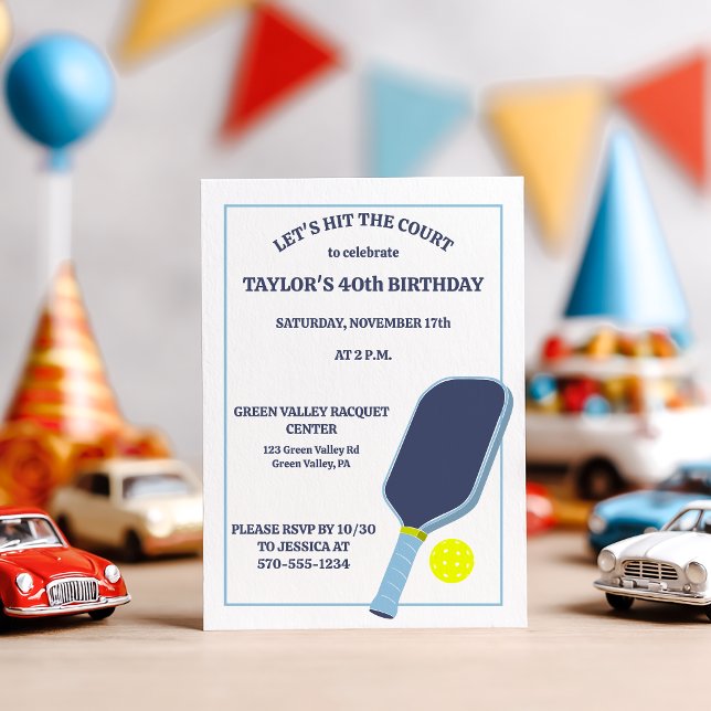 Invitation Fête d'anniversaire de pickleball bleu et blanc (Créateur téléchargé)