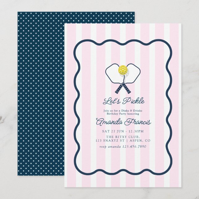 Invitation Fête d'anniversaire de pickleball Preppy Dinks & D (Devant / Derrière)