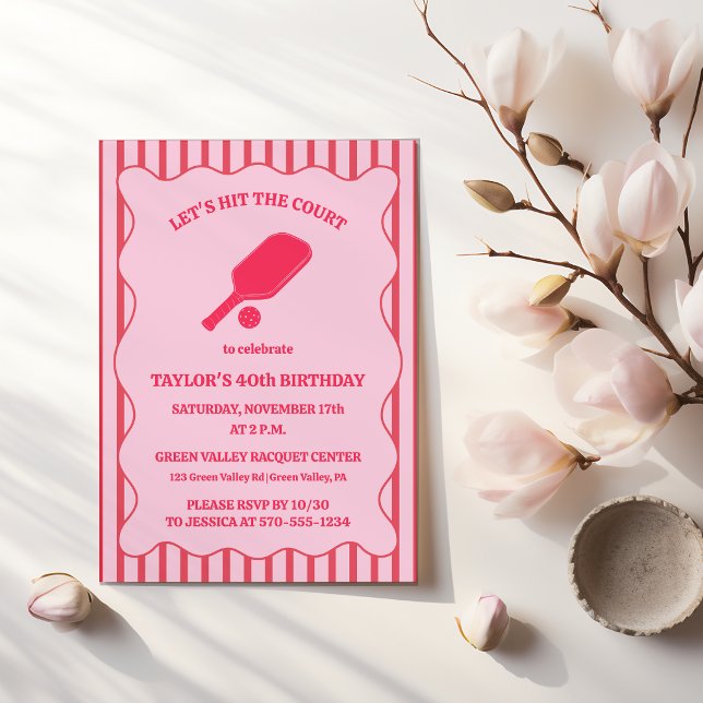 Invitation Fête d'anniversaire de Pickleball rayée rouge et r (Créateur téléchargé)