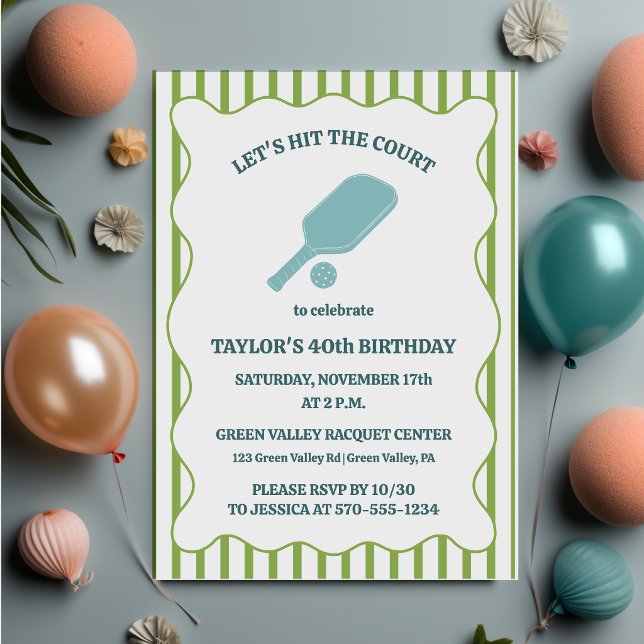Invitation Fête d'anniversaire de Pickleball rayée verte et b (Créateur téléchargé)