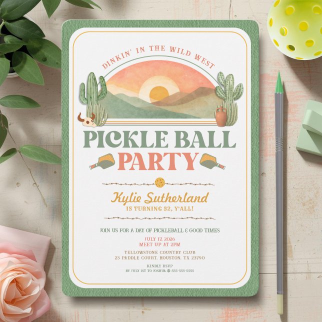 Invitation Fête d'anniversaire de pickleball western rétro (Western Theme Pickleball Party Invitation Y'all!)