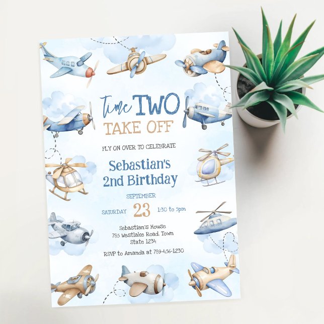 Invitation Fête d'anniversaire de pilote d'avion, deux décoll (Créateur téléchargé)