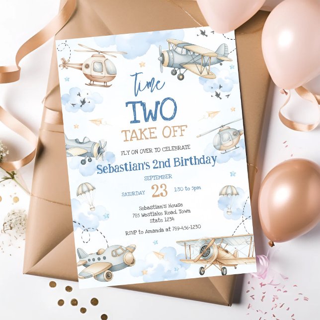 Invitation Fête d'anniversaire de pilote d'avion, deux décoll (Créateur téléchargé)