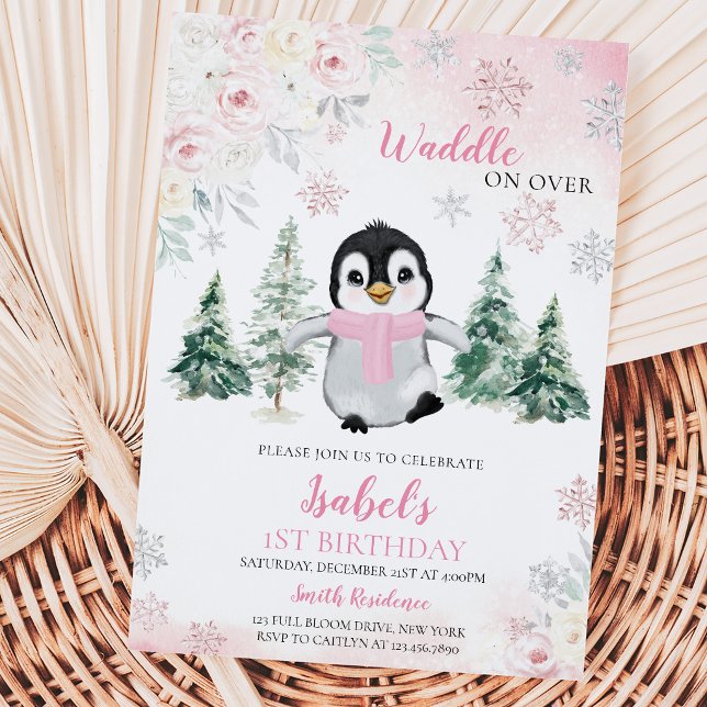 Invitation Fête d'anniversaire de pingouin d'hiver rose (Créateur téléchargé)