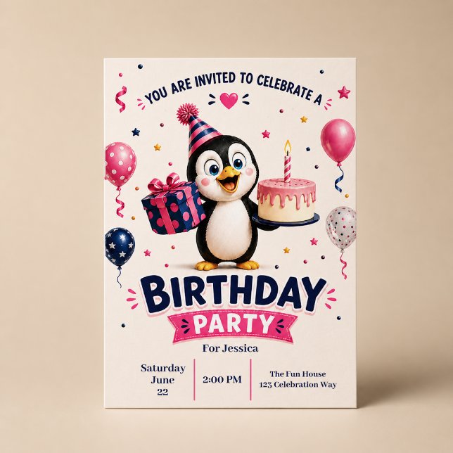Invitation Fête d'anniversaire de pingouin drôle et mignon (Créateur téléchargé)
