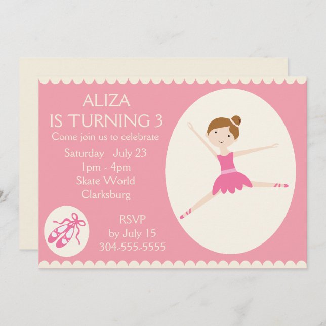 Invitation Fête d'anniversaire de Pink Ballerina (Devant / Derrière)