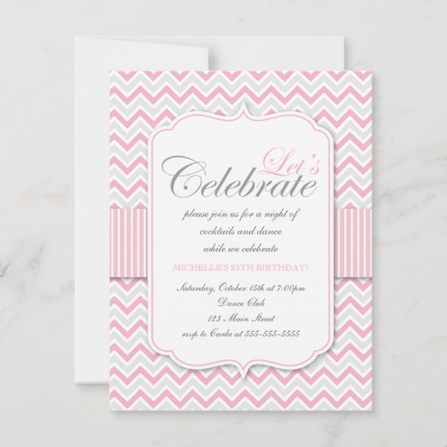 Invitation Fête d'anniversaire de Pink Chevron (Devant)