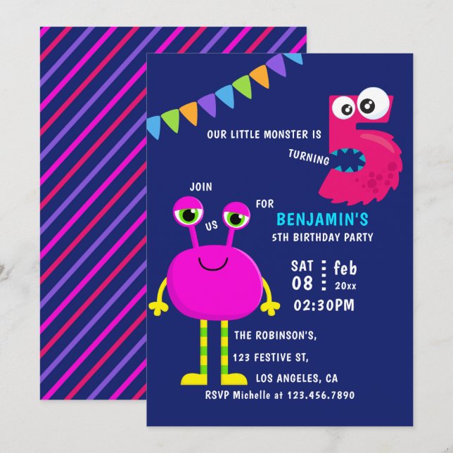Invitation Fête d'anniversaire de Pink Little Monster 5 ans (Devant / Derrière)
