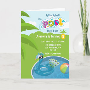 Invitation Fête d'anniversaire de piscine avec floatie paon