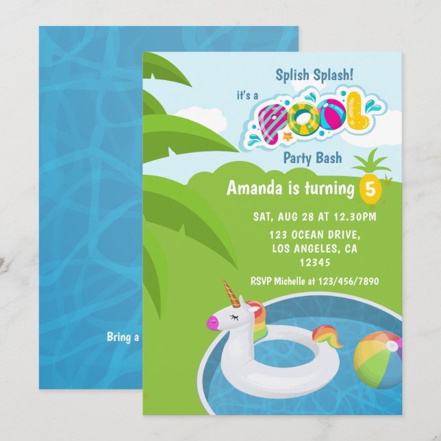 Invitation Fête d'anniversaire de piscine avec un flotteur li (Devant / Derrière)