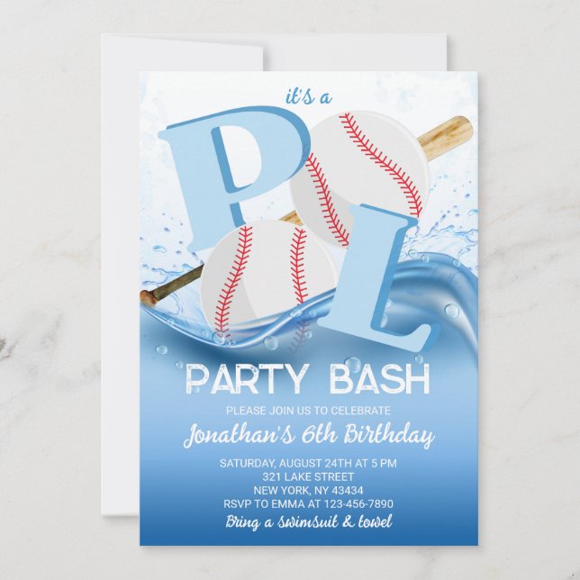 Invitation Fête d'anniversaire de piscine de baseball Bash (Devant)