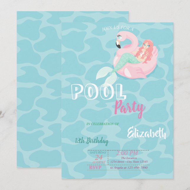 Invitation Fête d'anniversaire de piscine de sirène mignonne (Devant / Derrière)