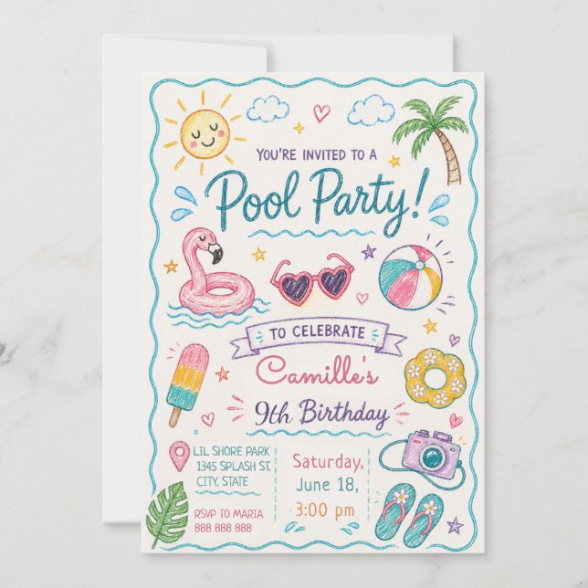 Invitation Fête d'anniversaire de piscine dessinée à la main  (Devant)