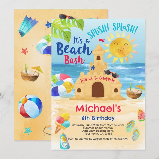 Invitation Fête d'anniversaire de plage (Devant / Derrière)
