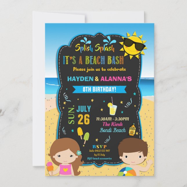 Invitation Fête d'anniversaire de plage Bassh Twins Sibings B (Devant)