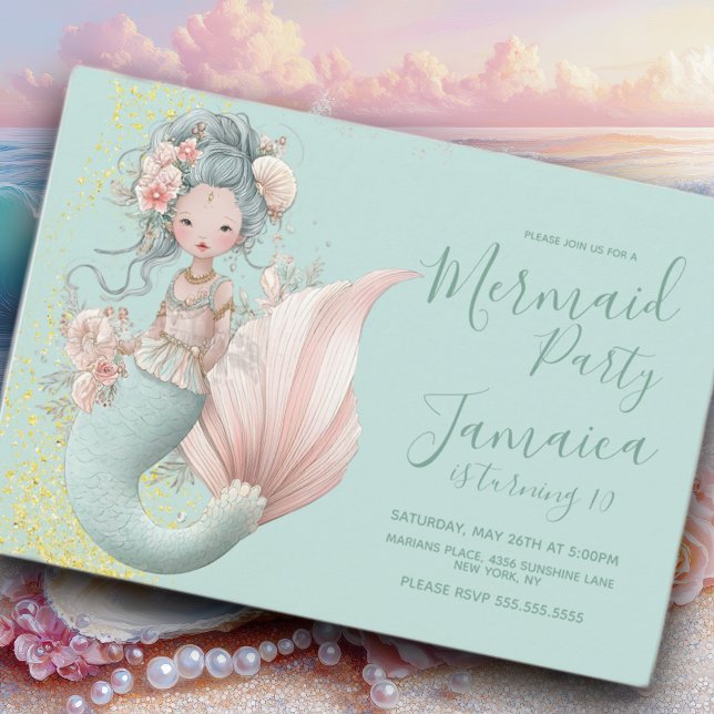 Invitation Fête d'anniversaire de plage de sirène asiatique  (Créateur téléchargé)