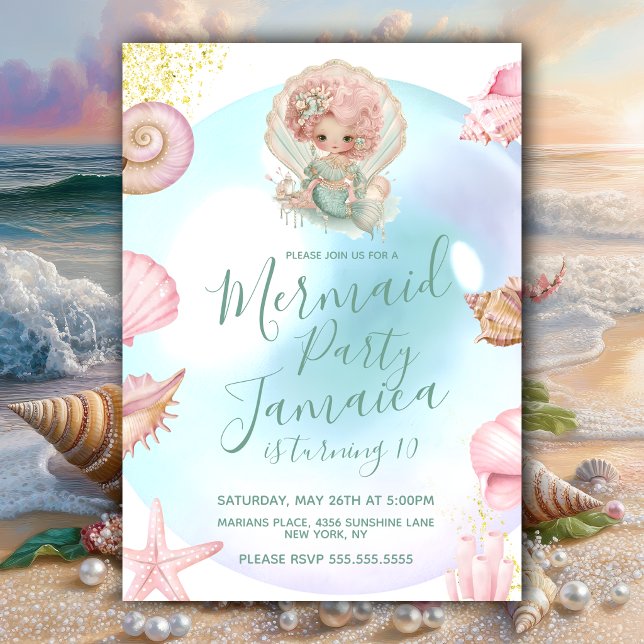 Invitation Fête d'anniversaire de plage de sirène mignonne  (Créateur téléchargé)