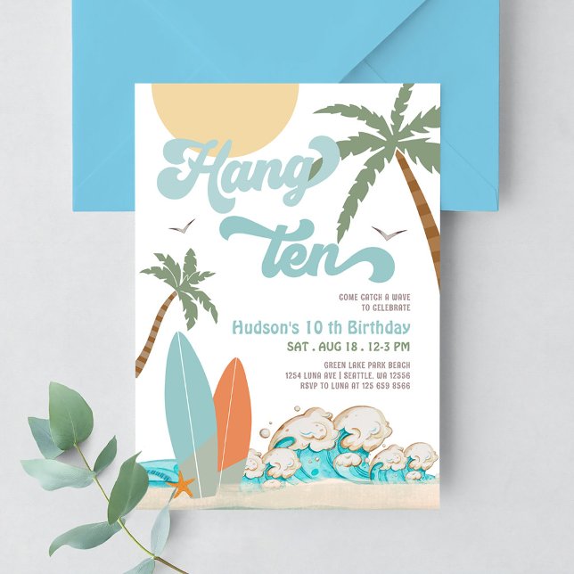 Invitation Fête d'anniversaire de plage de surf de garçon 10e (Créateur téléchargé)