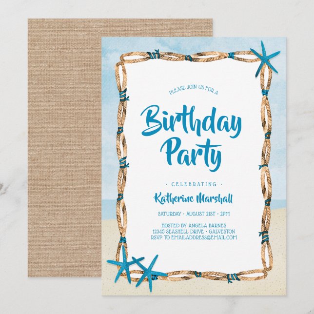 Invitation Fête d'anniversaire de plage d'étoiles de mer 2 (Devant / Derrière)