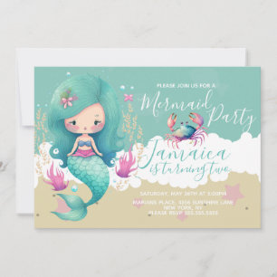 Invitation Fête d'anniversaire de plage océan sirène aquarell