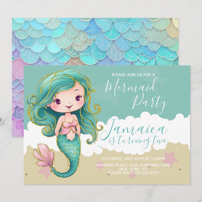 Invitation Fête d'anniversaire de plage océan sirène mignonne (Devant / Derrière)