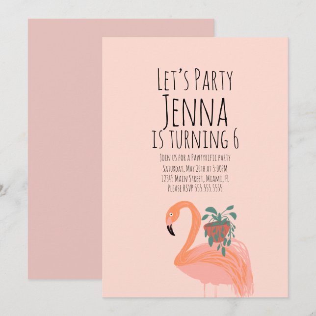 Invitation Fête d'anniversaire de plante de flamant rose mign (Devant / Derrière)