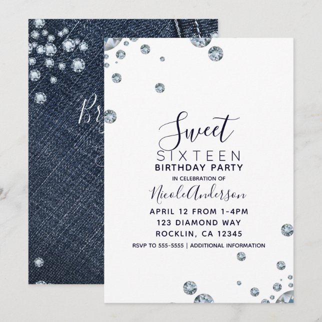 Invitation Fête d'anniversaire de poche en denim et diamants  (Devant / Derrière)