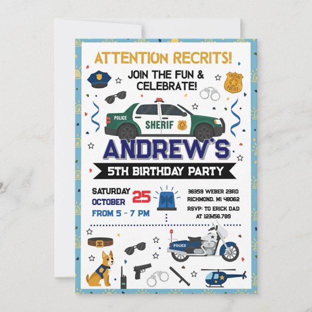 Invitation Fête d'anniversaire de policier moderne sur mesure (Devant)